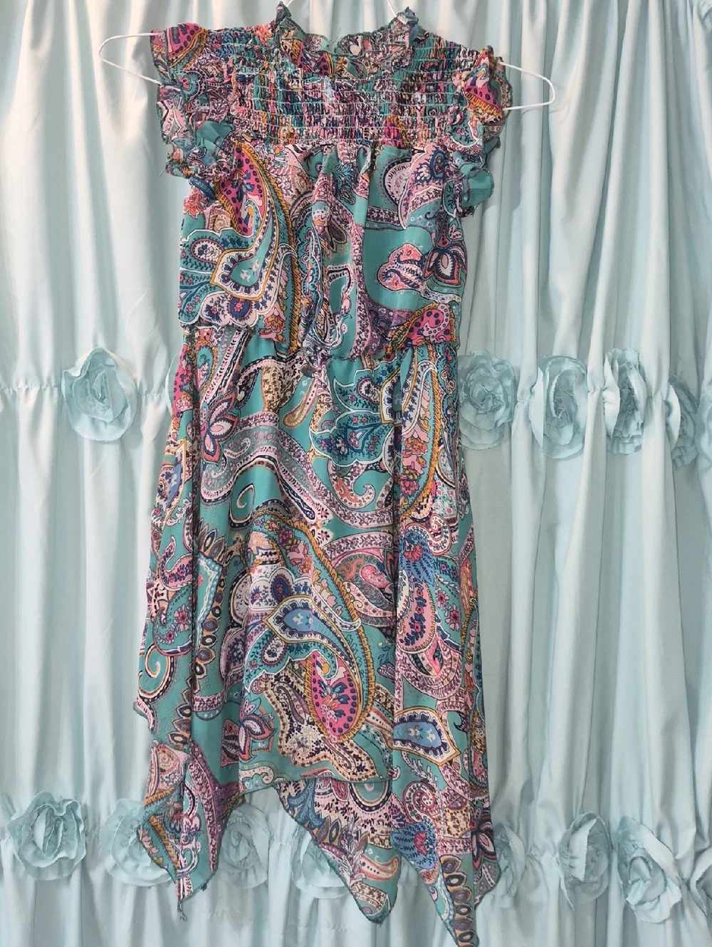 Speechless girls' turquoise  pink paisley handkerchief Asymmetrical hem Dress 8
